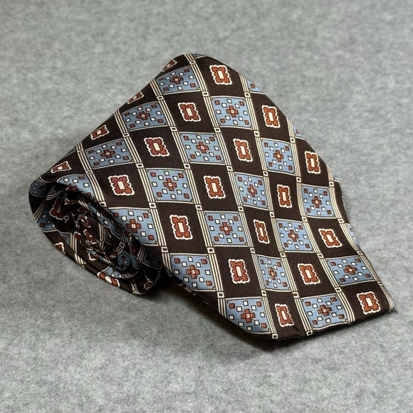 Oleg Cassini Other - Oleg Cassini Silk Tie Brown Blue Geometric Foulard Classic Vintage